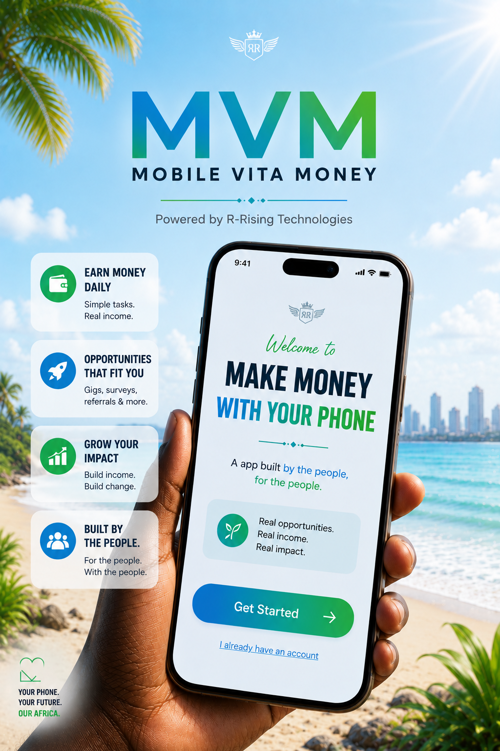 MVM Mobile Vita Money - Hand holding phone at a beach with feature cards showing mobile money opportunities